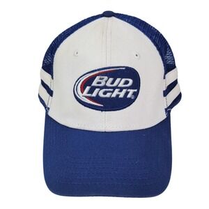 Bud Light Trucker Hat OSFA Blue White Mesh Snapback Racing Stripes Beer Logo Cap